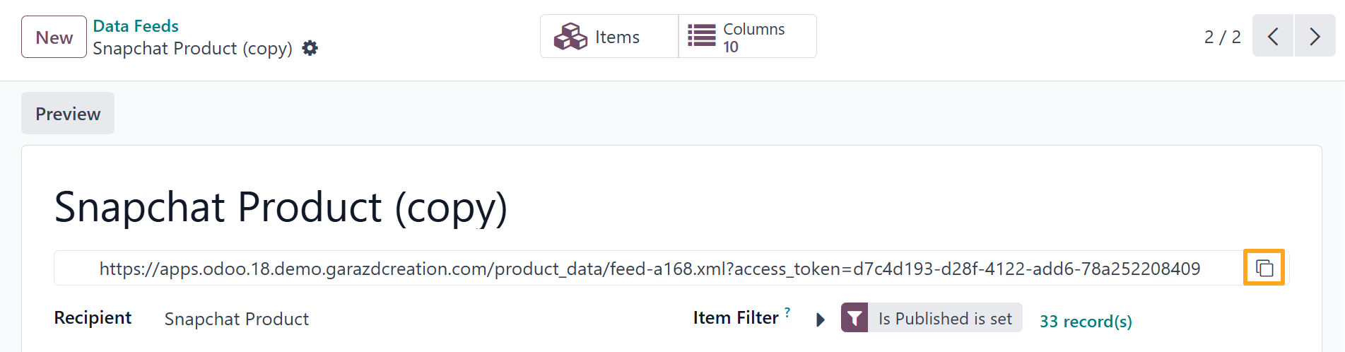 Odoo 18.0 Snapchat Product Data Feed URL